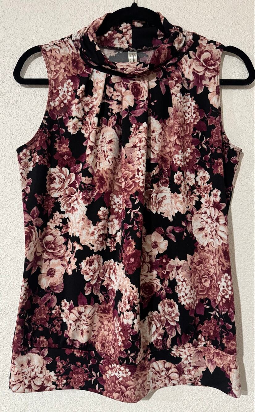 PerSeption Concept Floral Mock Neck Blouse M Burgundy Pink Bubble Hem Sleeveless